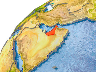 Image showing Map of United Arab Emirates in red on globe