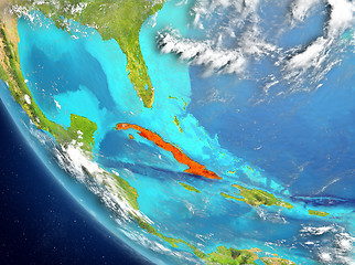 Image showing Satellite view of Cuba in red