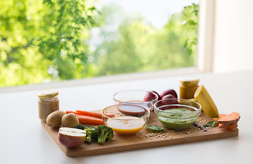 Image showing vegetable puree or baby food in glass bowls