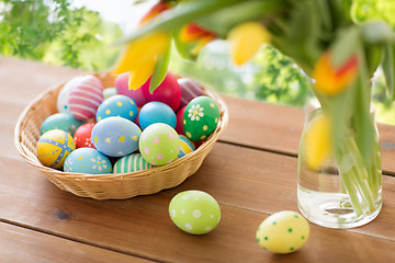 Image showing colored easter eggs in basket and flowers