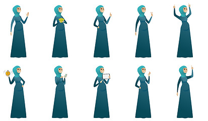 Image showing Muslim pregnant woman vector illustrations set.