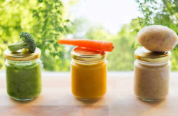 Image showing vegetable puree or baby food in glass jars