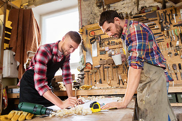 Image showing carpenters with ruler and coffee at workshop