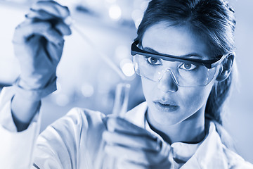 Image showing Young scientist pipetting in life science laboratory.