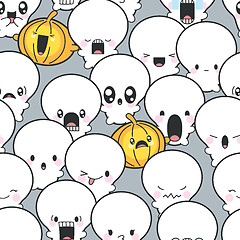 Image showing Seamless Background Cute Skulls And Pumpkins Celebrating Hallowe