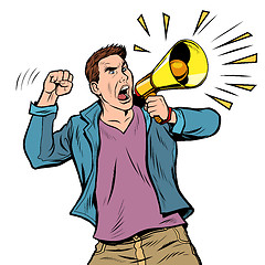 Image showing man protester with megaphone. isolate on white background