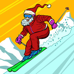 Image showing Skier day rides from the mountain Santa Claus character merry Christmas and happy new year