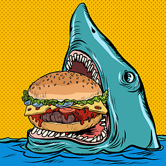 Image showing Hungry shark eating a Burger. fast food restaurant concept