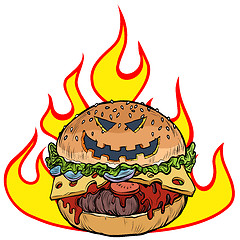 Image showing Halloween Burger in the flames of hell. Hot food