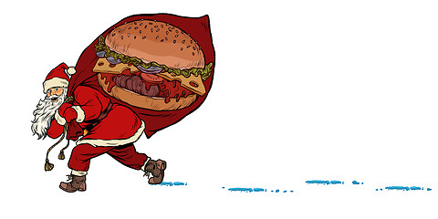 Image showing Santa with a Burger fast food. Christmas and New year