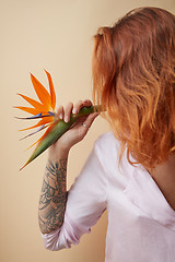 Image showing Strelitzia flower decorating the shoulder of a red-haired girl with a tattoo on a beige background with space for text. Creative layout