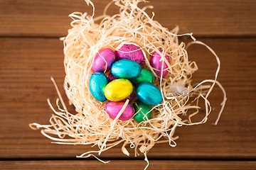 Image showing chocolate easter eggs in straw nest on table