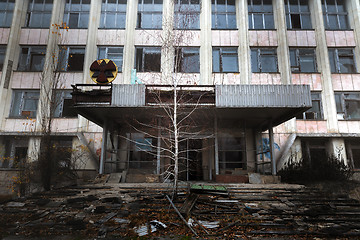 Image showing abandoned building in Chernobyl with tree growing from the stairs