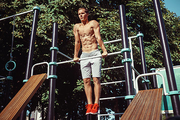 Image showing Athlete doing exercises at stadium at park