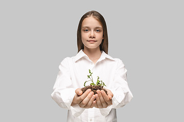 Image showing Teen hands with seedlings on gray studio background. Spring concept, nature and care.