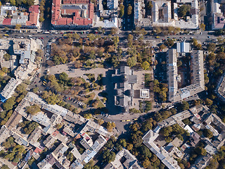 Image showing Top view of the road with cars, rooftops and the Spaso-Preobrazhensky Cathedral on a sunny day. Ukraine, Odessa. Aerial view from the drone