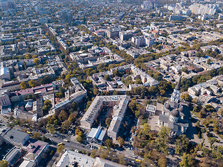 Image showing View on Spaso-Preobrazhensky Cathedral, the flower gallery of the house and the road with cars. Ukraine, Odessa. Aerial view from the drone.