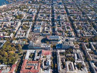 Image showing Aerial view from the drone on the shopping center, buildings and streets with cars on a sunny day, Odessa, Ukraine.