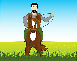 Image showing Man goes on horse on green glade