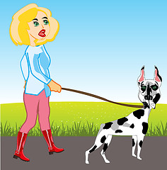 Image showing Making look younger girl walks with dog doberman
