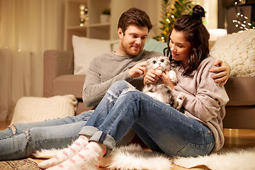 Image showing happy couple with cat at home