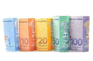 Image showing Malaysia currency one,five,ten,fifty and hundred ringgit