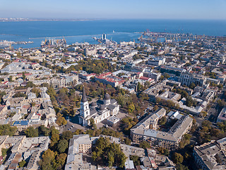 Image showing Panoramic view of the Black Sea with the port and the city from Spaso-Preobrazhensky. Cathedral against the blue sky. Ukraine, Odessa. Aerial view from the drone