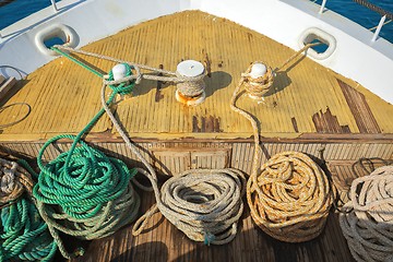 Image showing Ropes on wooden ship deck