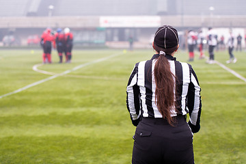 Image showing rear view of female american football referee