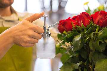 Image showing florist or seller moistening roses at flower shop