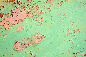 Image showing Green metal texture with patches of rust steel on its surface, taken outdoor