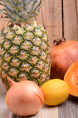 Image showing collection of fruit and vegetables. Pineapple, lemon, grapefruit, onion, pumpkin