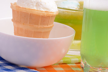 Image showing Vanilla Ice Cream in bowl Homemade Organic product. Green Juice