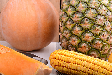 Image showing collection of fruit and vegetables. Pineapple, corn, pumpkin, orange