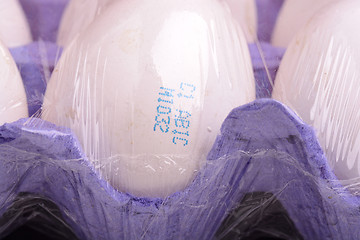 Image showing close up of white eggs in cardboard container