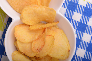 Image showing Close up potato chips. top view background