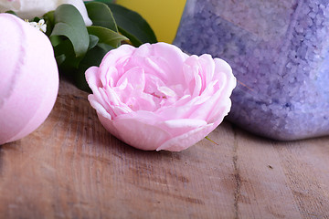 Image showing aroma therapy, soap and sea salt on wooden plate