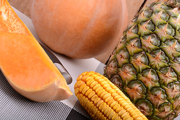 Image showing collection of fruit and vegetables. Pineapple, corn, pumpkin, orange