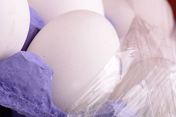 Image showing close up of white eggs in cardboard container