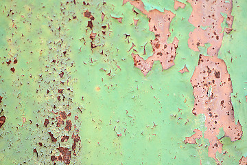 Image showing Green metal texture with patches of rust steel on its surface, taken outdoor