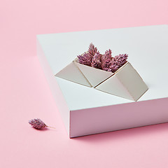 Image showing On the white box are pine cones in a cardboard triangular box on a pink background with space for text.