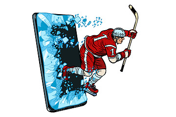 Image showing hockey player Phone gadget smartphone. Online Internet application service program