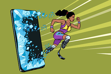 Image showing african woman runner disabled leg with prosthesis Phone gadget smartphone. Online Internet application service program