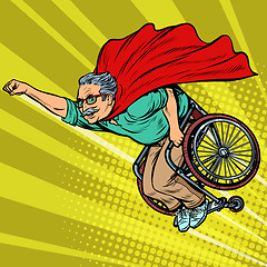 Image showing man retired superhero disabled in a wheelchair. Health and longevity of older people