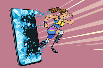 Image showing woman runner disabled leg with prosthesis Phone gadget smartphone. Online Internet application service program