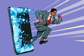 Image showing african businessman punches the screen Phone gadget smartphone. Online Internet application service program