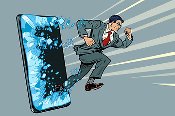 Image showing businessman punches the screen Phone gadget smartphone. Online Internet application service program