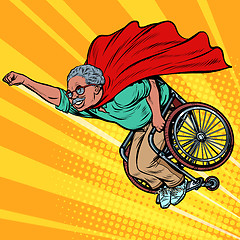 Image showing african man retired superhero disabled in a wheelchair. Health and longevity of older people