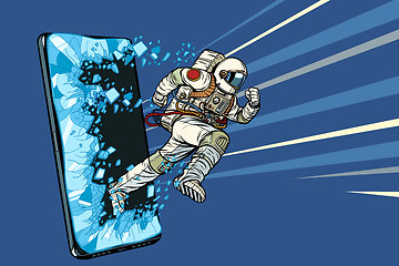 Image showing Scientific online applications concept. Astronaut runs through a smartphone