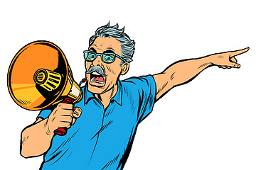 Image showing angry elderly man with a megaphone